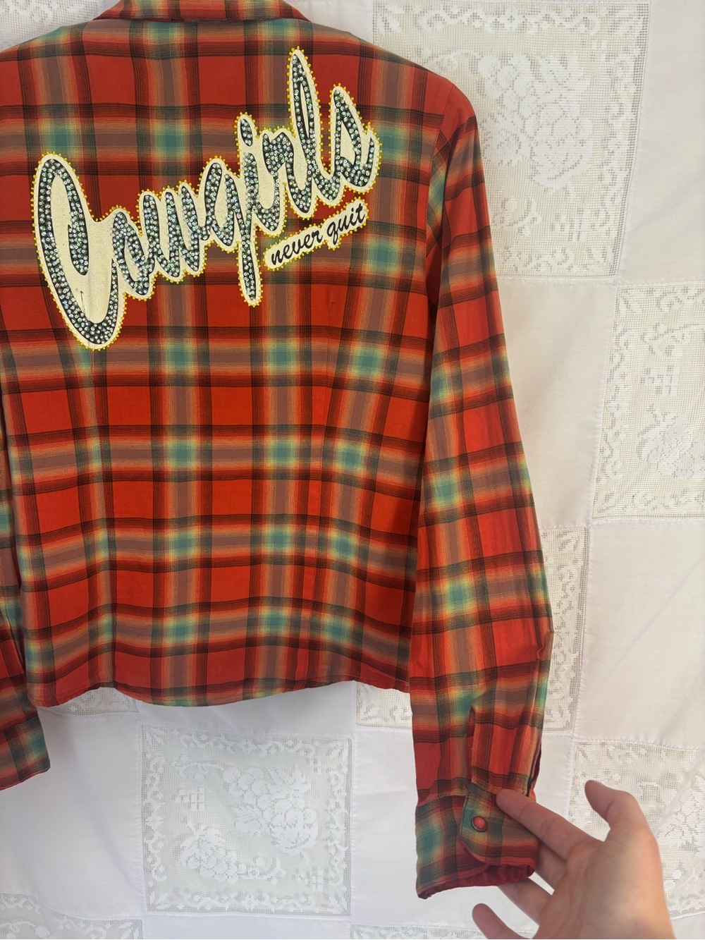 Orange Plaid Beaded Embellished Cowgirl Western Pearl Snap Button Up Size S - Picture 11 of 14
